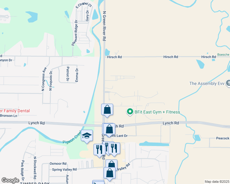 map of restaurants, bars, coffee shops, grocery stores, and more near 4939 Lenape Lane in Evansville