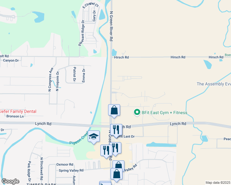 map of restaurants, bars, coffee shops, grocery stores, and more near 4221 Munsee Trail in Evansville