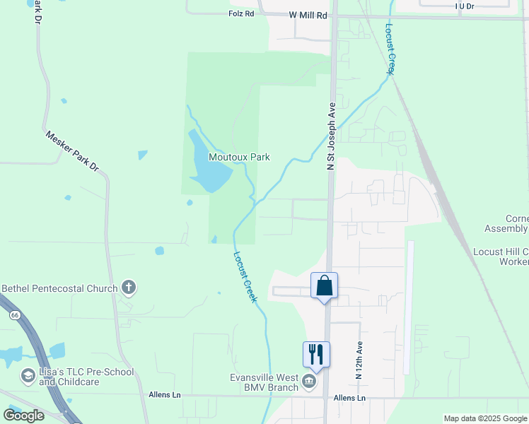 map of restaurants, bars, coffee shops, grocery stores, and more near 2524 Lexington Road in Evansville