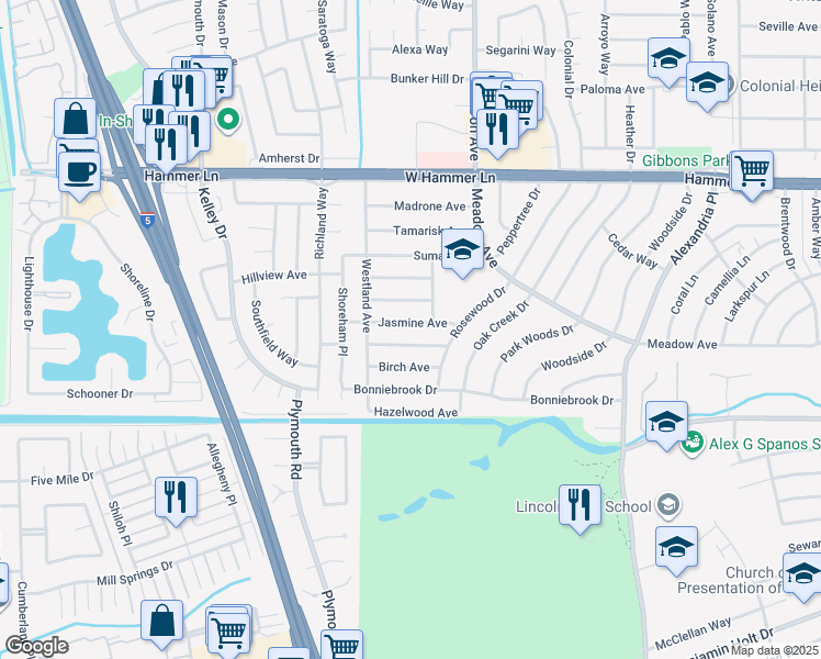 map of restaurants, bars, coffee shops, grocery stores, and more near 2628 Jasmine Avenue in Stockton