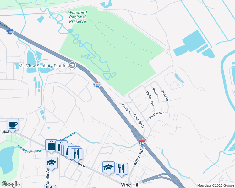 map of restaurants, bars, coffee shops, grocery stores, and more near 4129 Cabrilho Drive in Martinez
