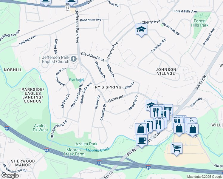 map of restaurants, bars, coffee shops, grocery stores, and more near 105 Oak Lawn Drive in Charlottesville