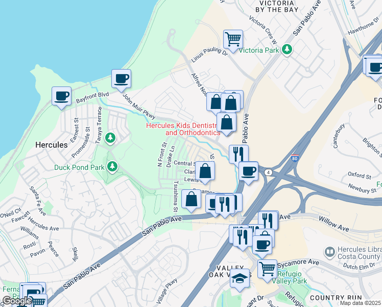 map of restaurants, bars, coffee shops, grocery stores, and more near 2030 Cabrillo Lane in Hercules