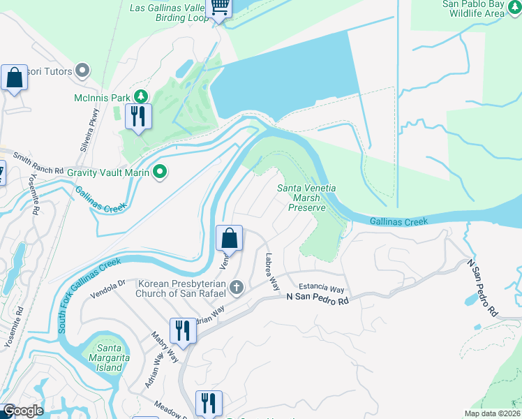 map of restaurants, bars, coffee shops, grocery stores, and more near 821 Hacienda Way in San Rafael