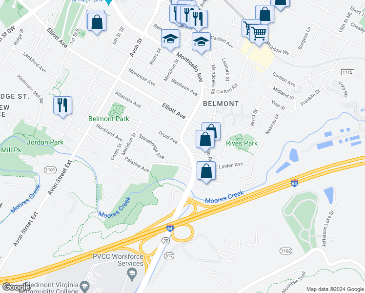 map of restaurants, bars, coffee shops, grocery stores, and more near 1608 Monticello Avenue in Charlottesville
