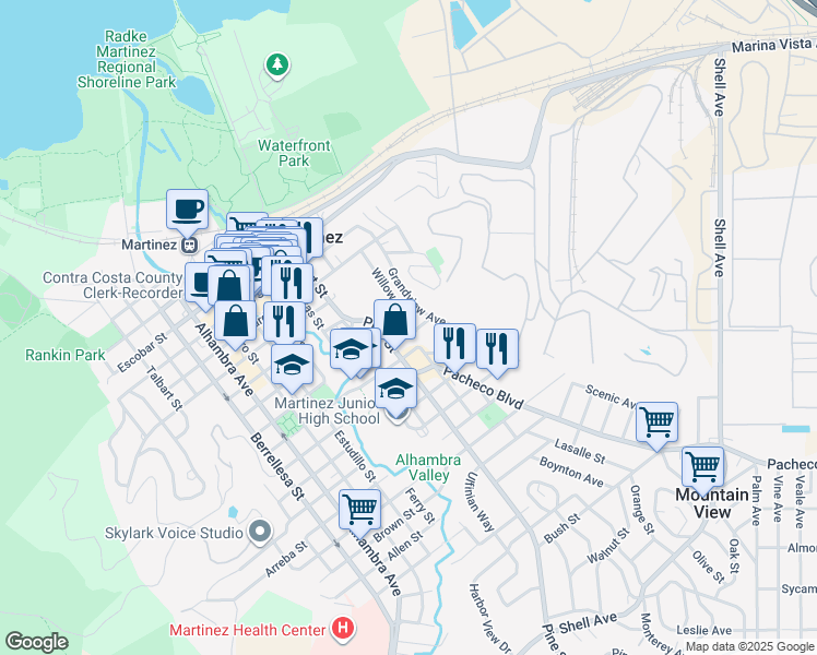 map of restaurants, bars, coffee shops, grocery stores, and more near 1125 Susana Street in Martinez