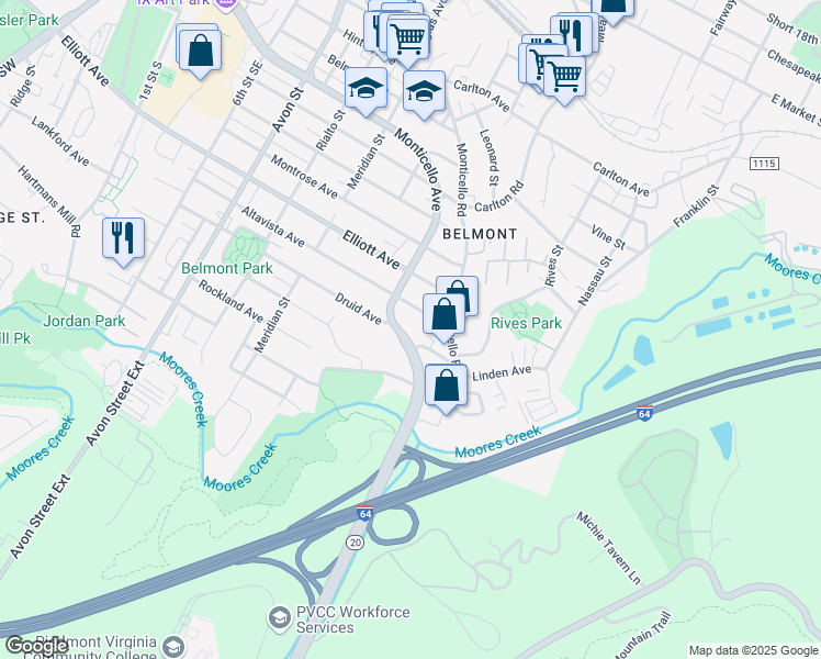 map of restaurants, bars, coffee shops, grocery stores, and more near 1103 Druid Avenue in Charlottesville
