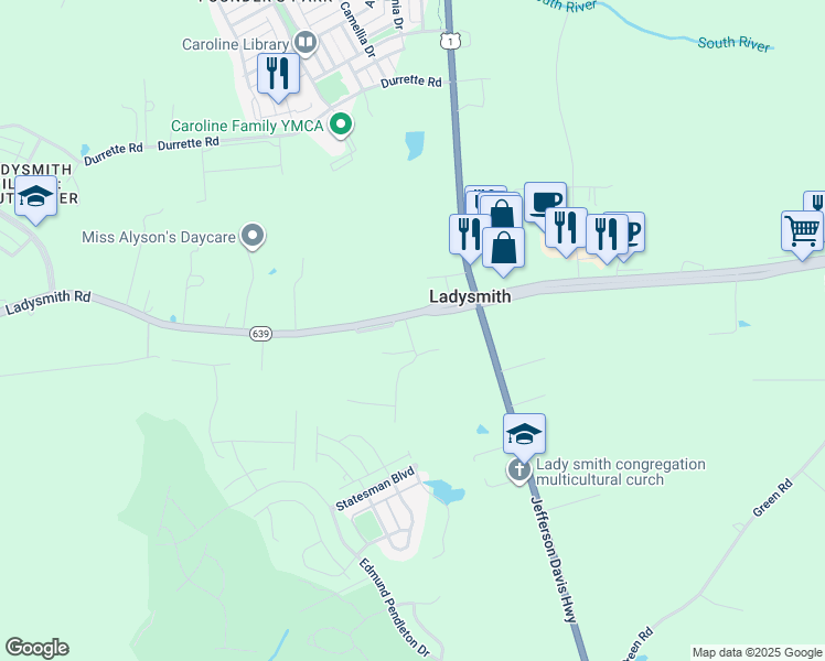 map of restaurants, bars, coffee shops, grocery stores, and more near 18137 Allen Street in Ruther Glen