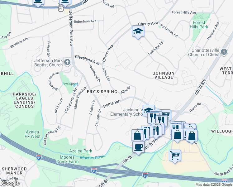 map of restaurants, bars, coffee shops, grocery stores, and more near 121 Harris Road in Charlottesville