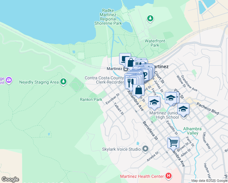 map of restaurants, bars, coffee shops, grocery stores, and more near 221 Escobar Street in Martinez