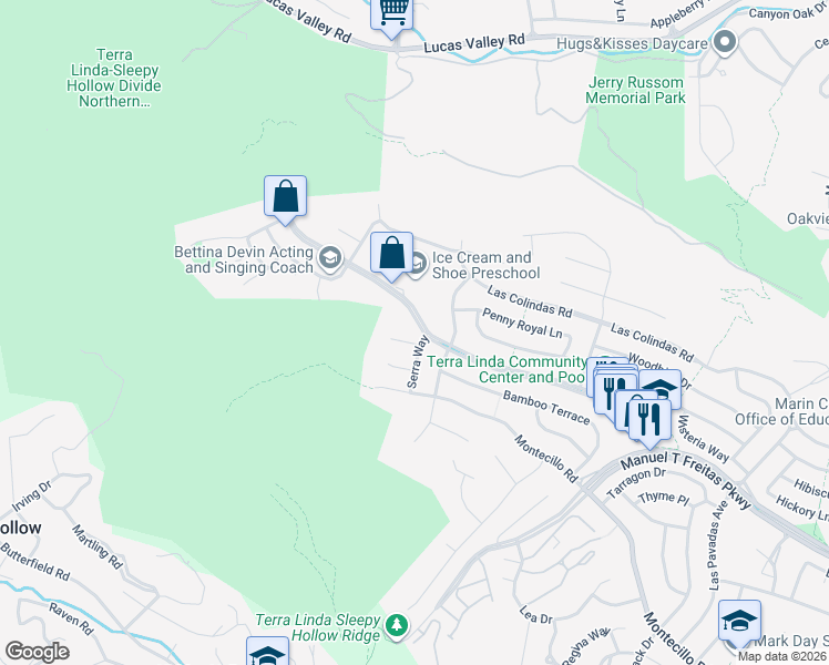 map of restaurants, bars, coffee shops, grocery stores, and more near 9 Bolanos Drive in San Rafael