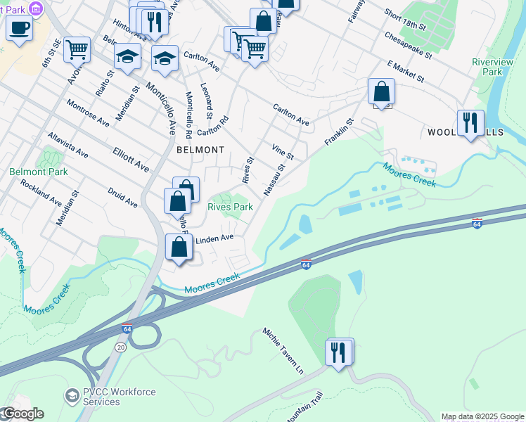 map of restaurants, bars, coffee shops, grocery stores, and more near 908 Nassau St in Charlottesville