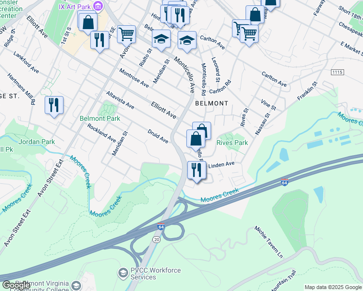 map of restaurants, bars, coffee shops, grocery stores, and more near 1608 Monticello Avenue in Charlottesville