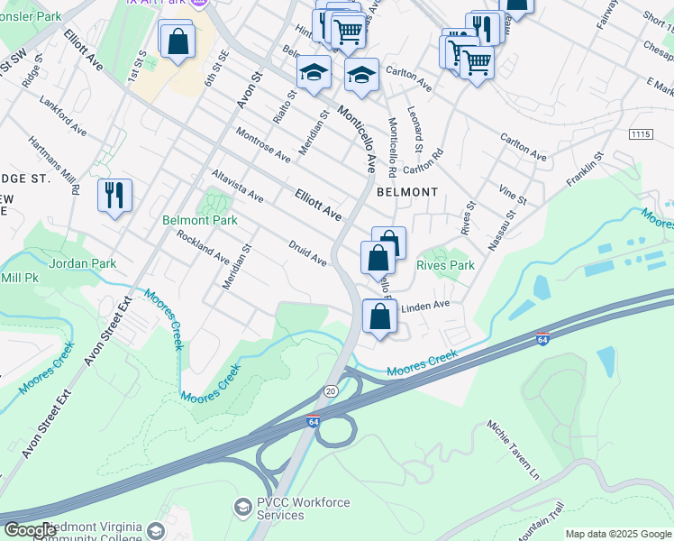 map of restaurants, bars, coffee shops, grocery stores, and more near 1608 Monticello Avenue in Charlottesville