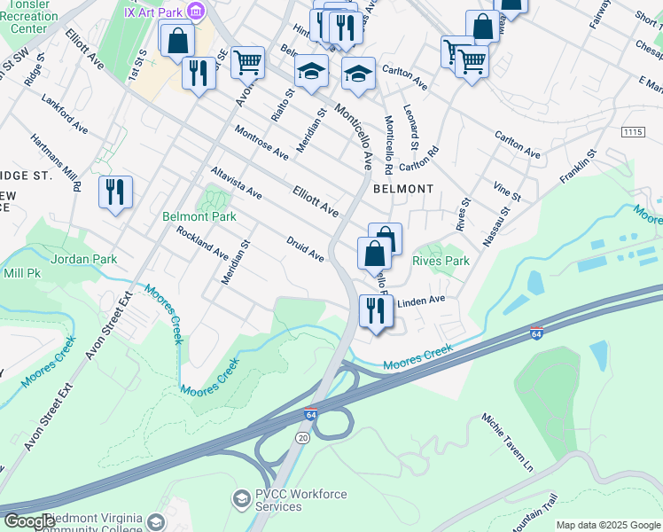 map of restaurants, bars, coffee shops, grocery stores, and more near 1608 Monticello Avenue in Charlottesville