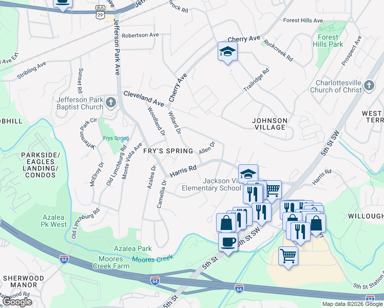 map of restaurants, bars, coffee shops, grocery stores, and more near 121 Harris Road in Charlottesville