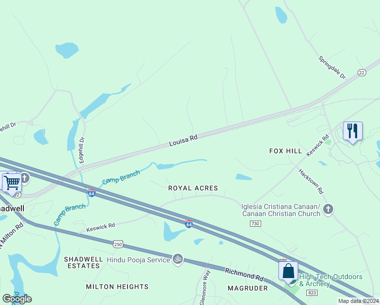 map of restaurants, bars, coffee shops, grocery stores, and more near East Keswick Drive in Albemarle County