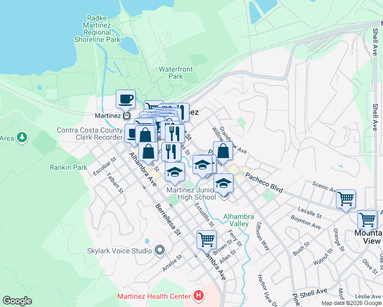 map of restaurants, bars, coffee shops, grocery stores, and more near 933 Las Juntas Street in Martinez