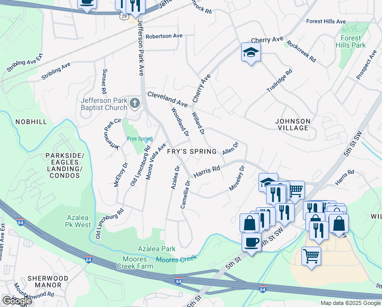map of restaurants, bars, coffee shops, grocery stores, and more near 0 Porter Avenue in Charlottesville