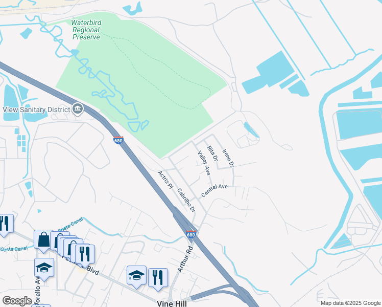 map of restaurants, bars, coffee shops, grocery stores, and more near 577 Dorothy Lane in Martinez