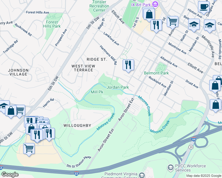 map of restaurants, bars, coffee shops, grocery stores, and more near 2100 Avon Court in Charlottesville