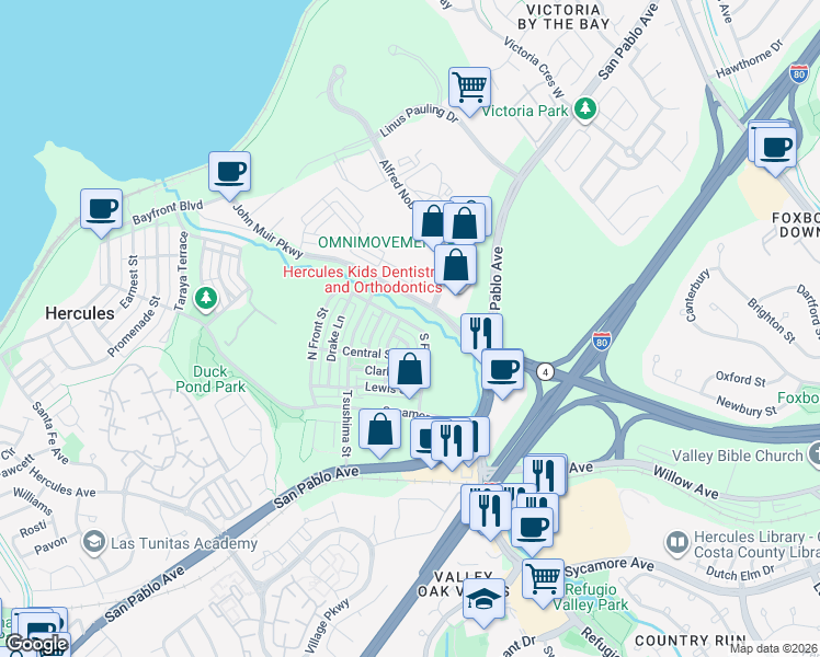 map of restaurants, bars, coffee shops, grocery stores, and more near 2006 Serra Lane in Hercules