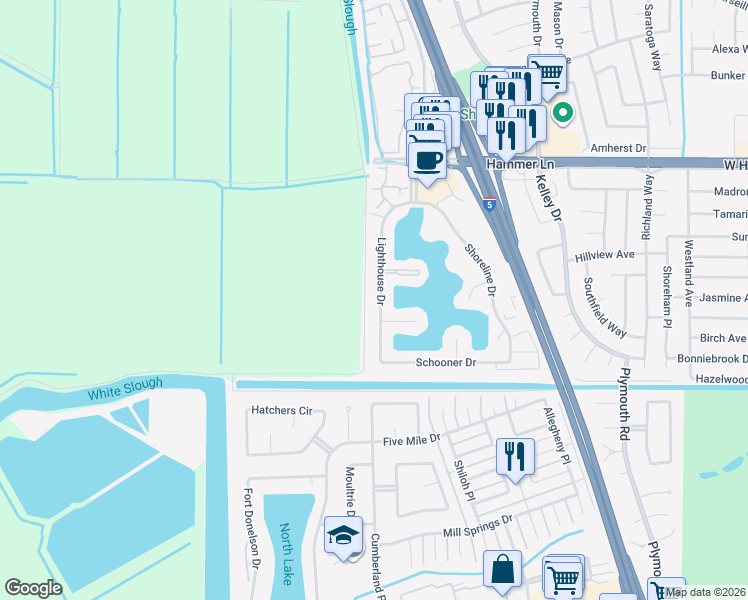 map of restaurants, bars, coffee shops, grocery stores, and more near 7169 Lighthouse Drive in Stockton