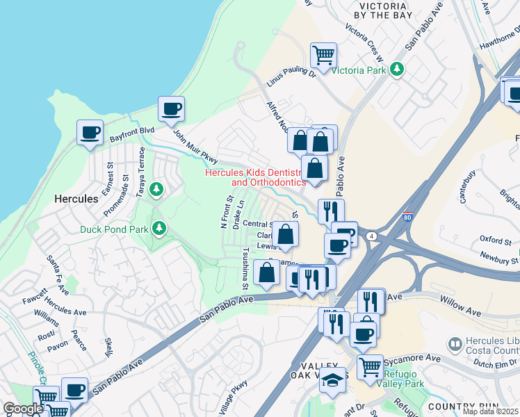 map of restaurants, bars, coffee shops, grocery stores, and more near 2033 Cabrillo Lane in Hercules