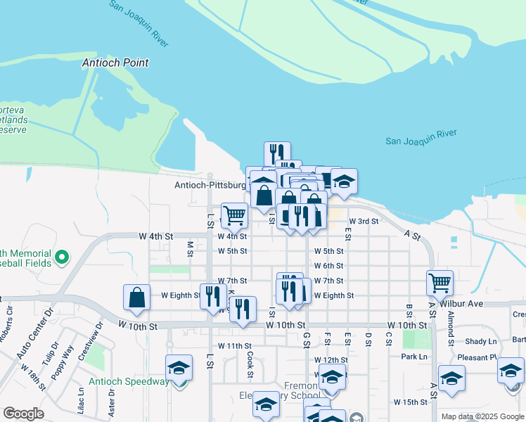 map of restaurants, bars, coffee shops, grocery stores, and more near 809 West 2nd Street in Antioch