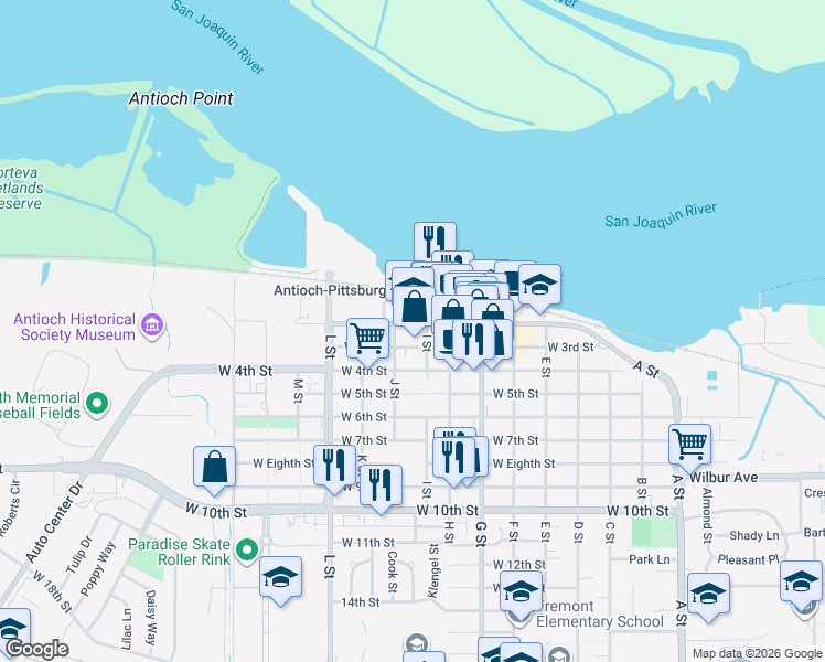 map of restaurants, bars, coffee shops, grocery stores, and more near 809 West 2nd Street in Antioch