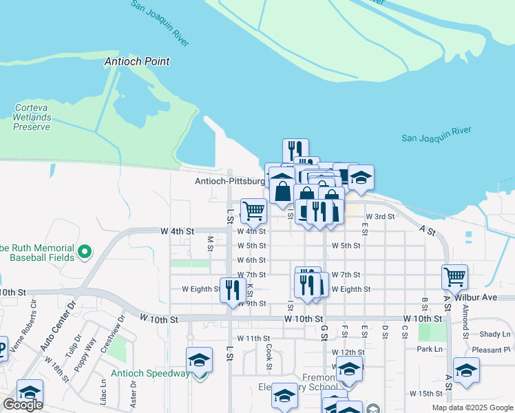 map of restaurants, bars, coffee shops, grocery stores, and more near 913 West 3rd Street in Antioch