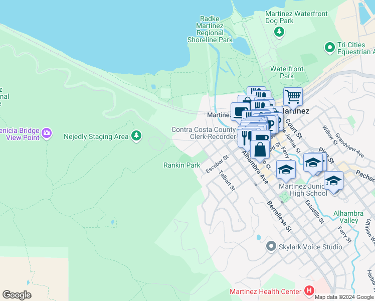 map of restaurants, bars, coffee shops, grocery stores, and more near 100 Buckley Street in Martinez