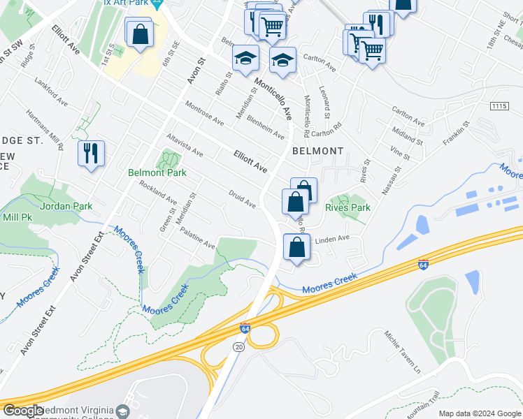 map of restaurants, bars, coffee shops, grocery stores, and more near 1608 Monticello Avenue in Charlottesville