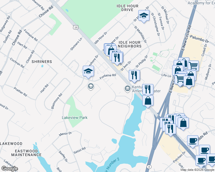 map of restaurants, bars, coffee shops, grocery stores, and more near 2248 Dinsmore Drive in Lexington
