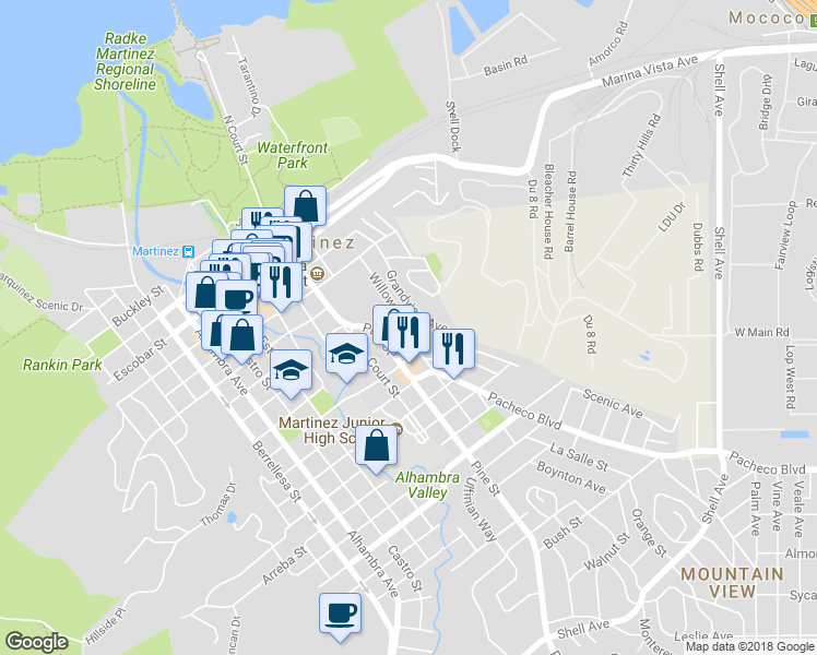 map of restaurants, bars, coffee shops, grocery stores, and more near Willow St & Henrietta St in Martinez