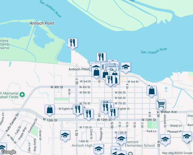 map of restaurants, bars, coffee shops, grocery stores, and more near 809 West 2nd Street in Antioch