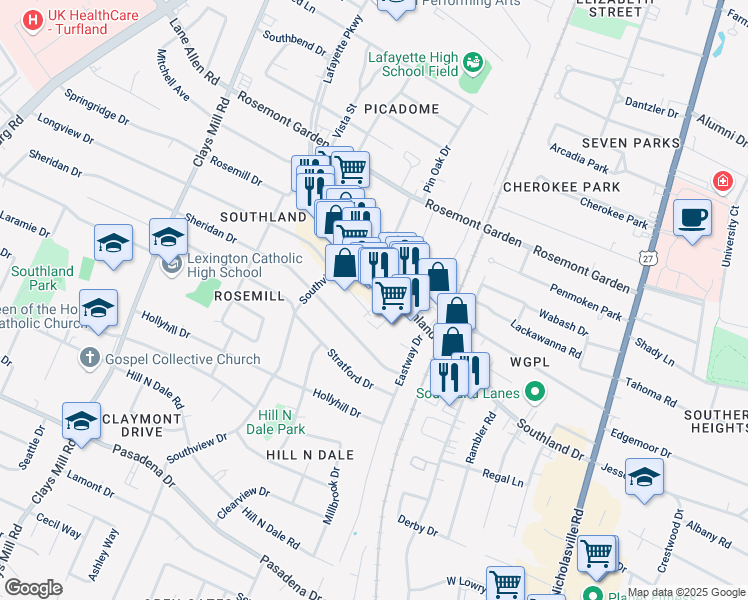 map of restaurants, bars, coffee shops, grocery stores, and more near 348 Southland Drive in Lexington