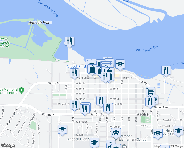map of restaurants, bars, coffee shops, grocery stores, and more near 809 West 2nd Street in Antioch