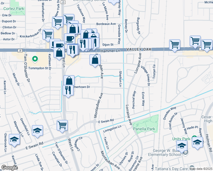 map of restaurants, bars, coffee shops, grocery stores, and more near 1961 Hammertown Drive in Stockton