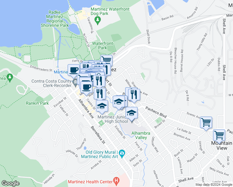 map of restaurants, bars, coffee shops, grocery stores, and more near Thompson Street in Martinez