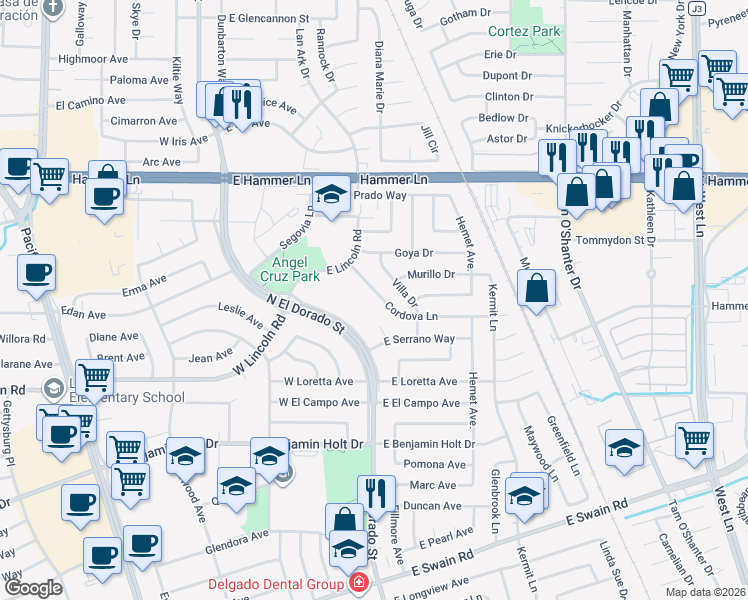 map of restaurants, bars, coffee shops, grocery stores, and more near 7109 Villa Drive in Stockton
