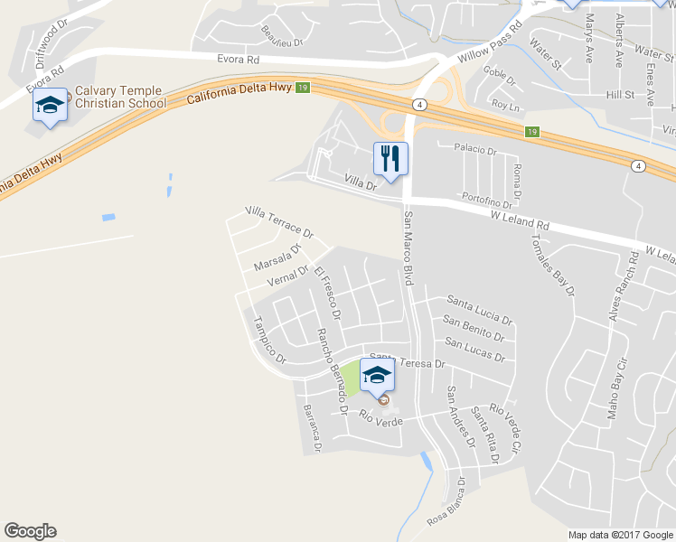 map of restaurants, bars, coffee shops, grocery stores, and more near 44 Vallarta Court in Bay Point