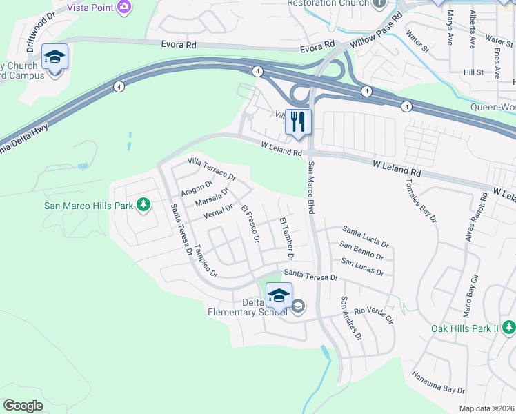 map of restaurants, bars, coffee shops, grocery stores, and more near 44 Vallarta Court in Bay Point