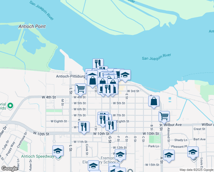 map of restaurants, bars, coffee shops, grocery stores, and more near in Antioch