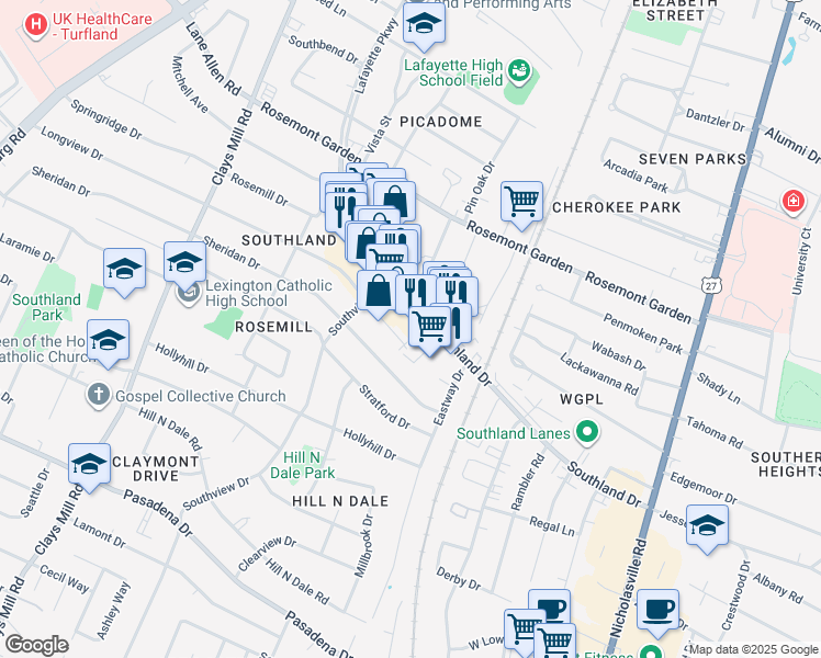 map of restaurants, bars, coffee shops, grocery stores, and more near 396 Southland Drive in Lexington