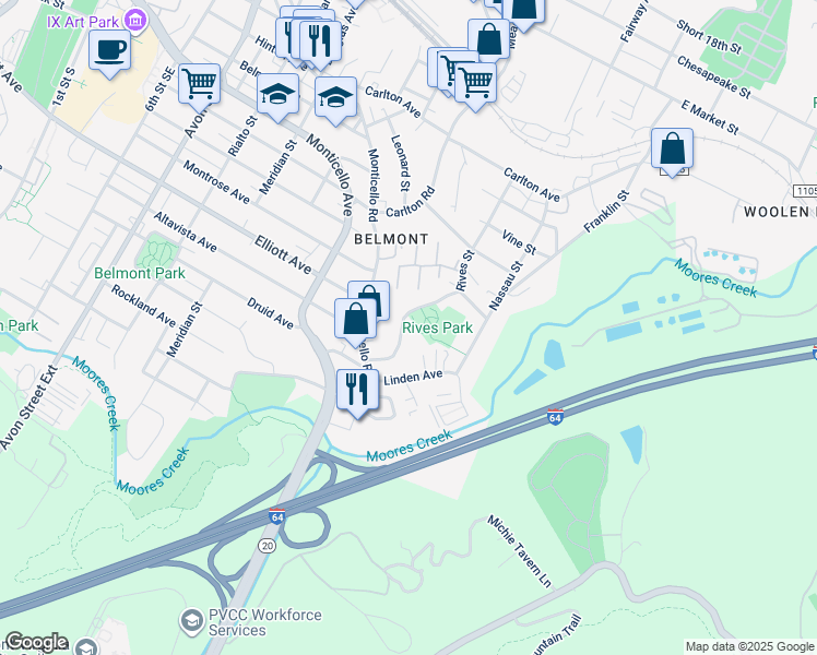 map of restaurants, bars, coffee shops, grocery stores, and more near 928 Rives Street in Charlottesville