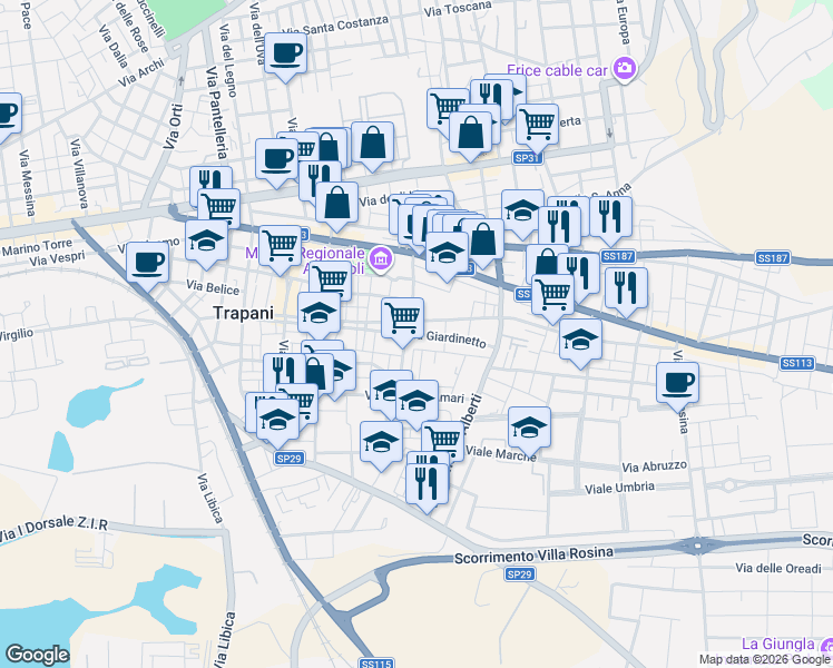 map of restaurants, bars, coffee shops, grocery stores, and more near 19 Via Pompeo Zuccalà in Trapani