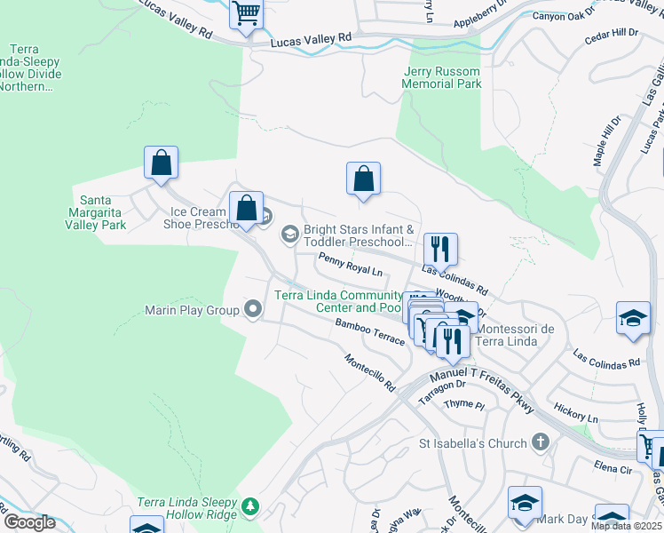 map of restaurants, bars, coffee shops, grocery stores, and more near 835 Penny Royal Lane in San Rafael