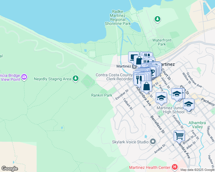 map of restaurants, bars, coffee shops, grocery stores, and more near 94 Carquinez Scenic Drive in Martinez