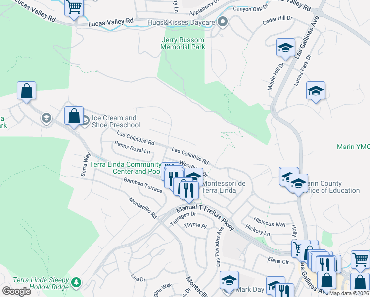map of restaurants, bars, coffee shops, grocery stores, and more near 668 Knocknaboul Way in San Rafael